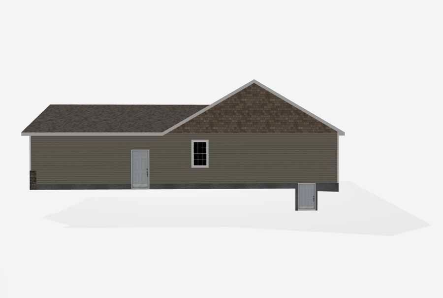 Side view of a small brown house with gray roof, door, and window on a white background