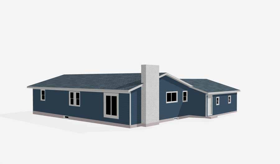 3D rendering of a blue single-story house with a gray roof and central stone chimney