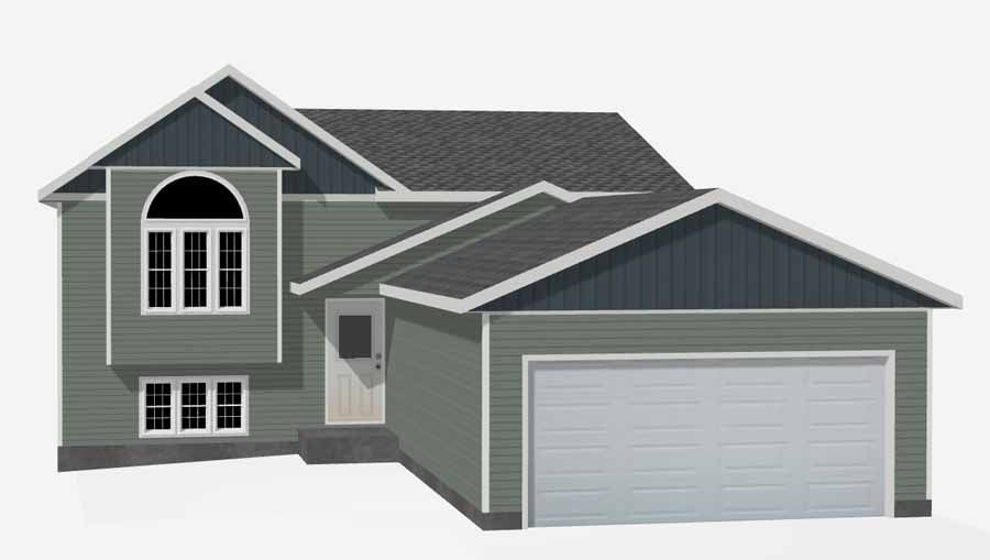 Illustration of a gray two-story suburban house with attached garage and white-trimmed windows