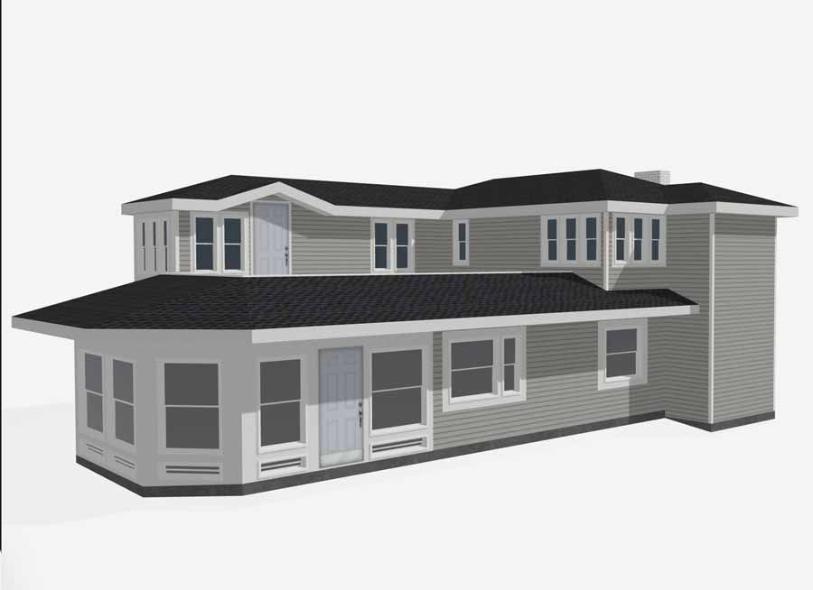 3D rendering of a gray two-story suburban house with a dark roof and multiple windows