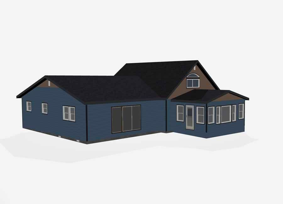 Blue house with dark roof and porch, shown in a 3D rendering on a white background