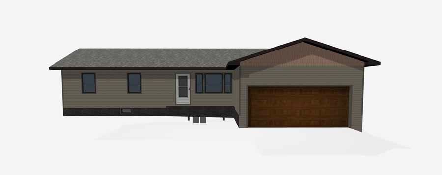 Modern single-story house with gray siding, brown garage door, and snow on the roof and ground