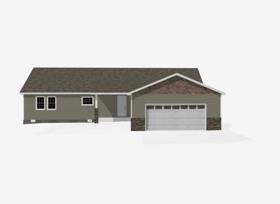 Single-story house with gray siding, stone front, and attached two-car garage on a white background