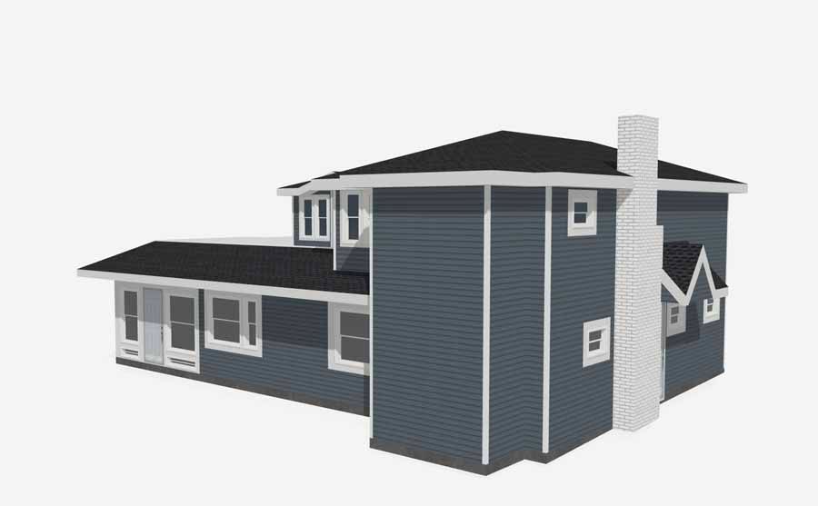 3D rendering of a modern two-story house with dark gray siding and a stone chimney