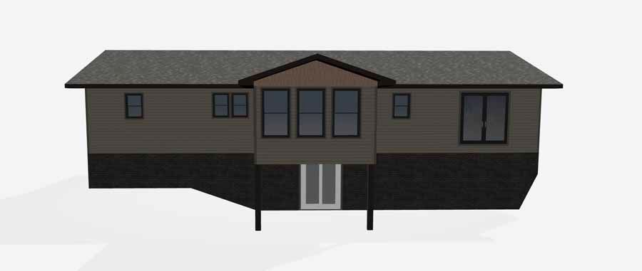 Front view of a gray two-story house with a dark roof and central double doors