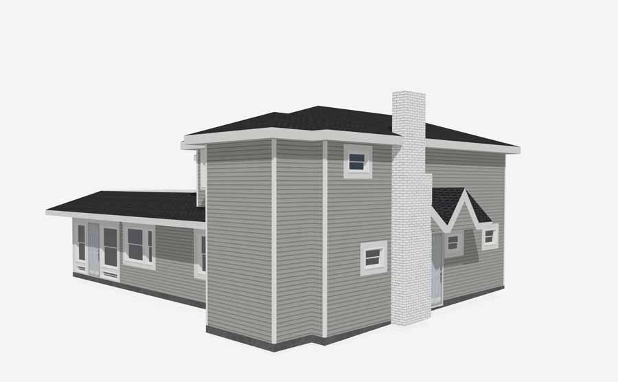 3D rendering of a gray two-story house with black roof and white chimney on a plain background