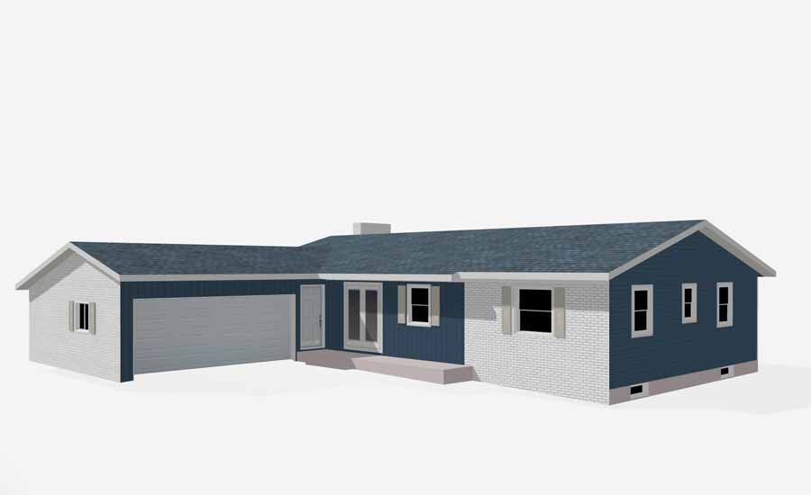 Single-story blue-gray house with attached garage and front porch on a white background