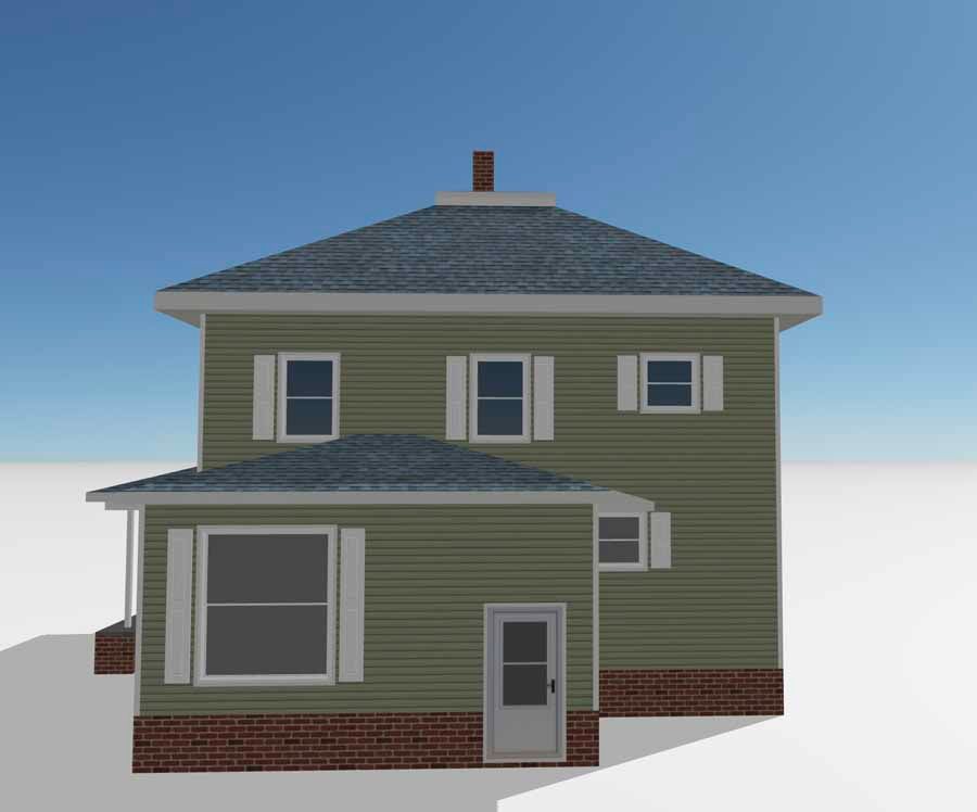 Front view of a green two-story house with a brick foundation and gray roof under a clear sky