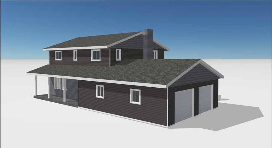 3D render of a dark gray two-story house with white trim and a single-story garage on a white background