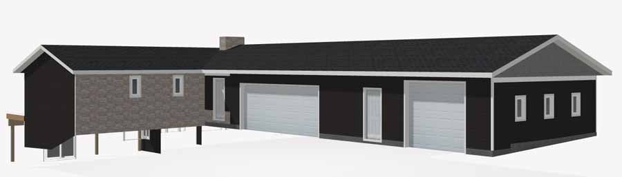 Dark gray modern single-story house with white trim, large garage doors, and black roof