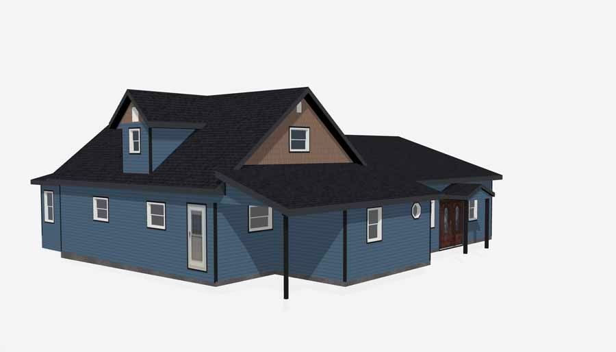Blue house with a dark roof and dormer windows, shown in a 3D rendering on a white background