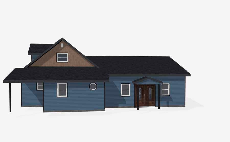 Blue house with brown roof and covered front porch on a white background
