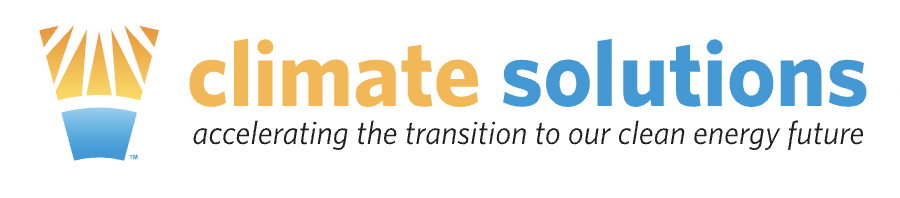 Climate Solutions logo with sunburst icon and tagline: “accelerating the transition to our clean energy future”
