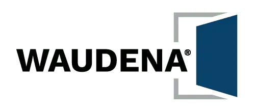 WAUDENA logo with black text and a blue geometric door icon
