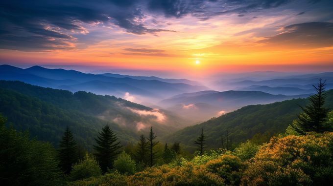 Sunrise over misty mountain valleys with pine trees and wildflowers in the foreground