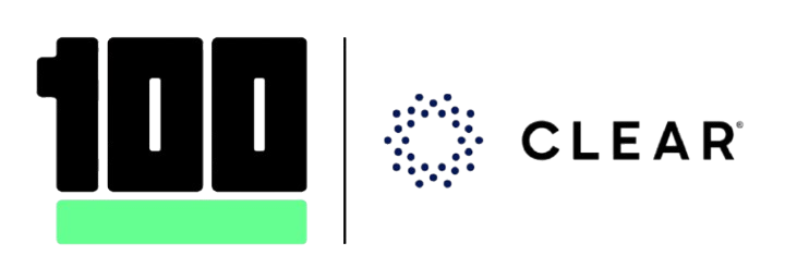 100 with green underline beside CLEAR logo and dotted circular icon