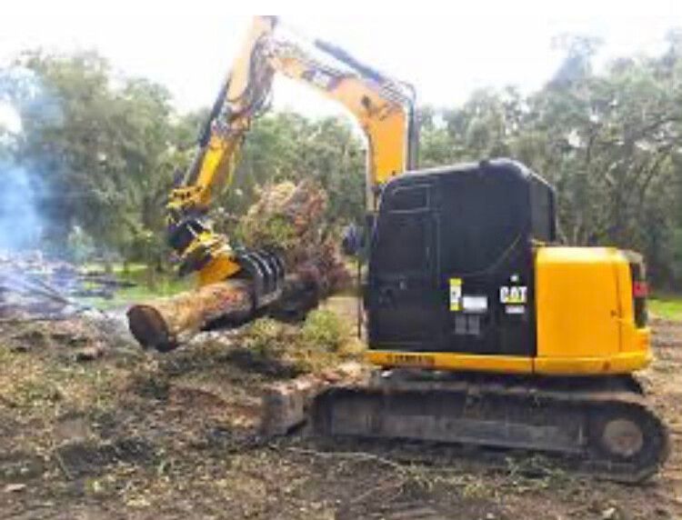 Yellow excavator clearing brush with a claw in a wooded area, with smoke or dust nearby