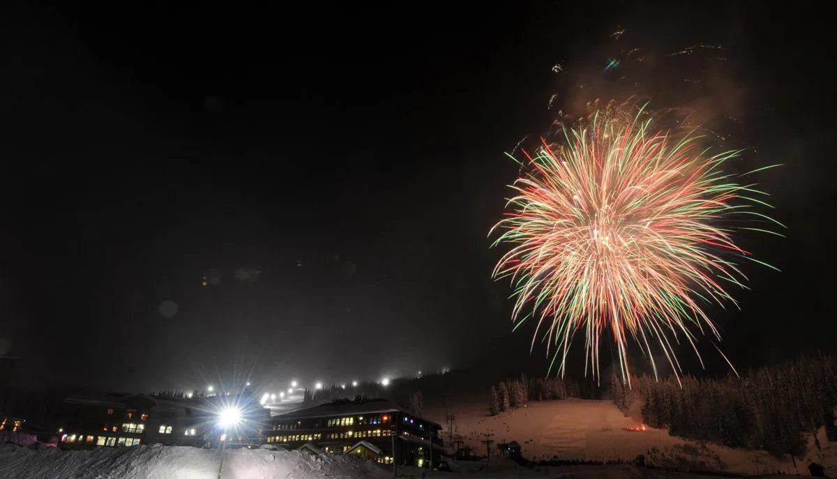 Fireworks exploding in the night sky above a lit crowd and landscape.