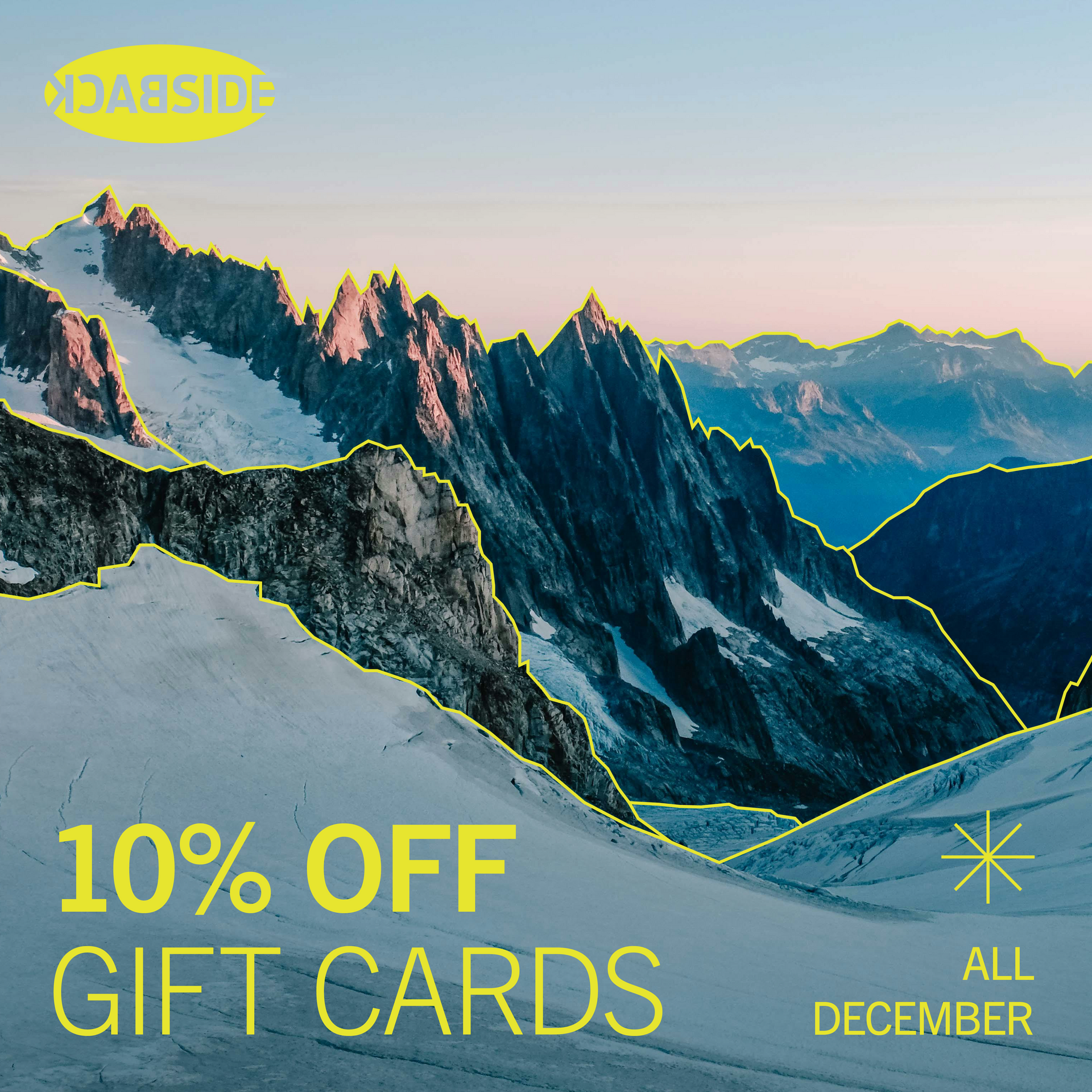 Mountain landscape promo with “10% OFF GIFT CARDS” and “ALL DECEMBER” text in yellow.