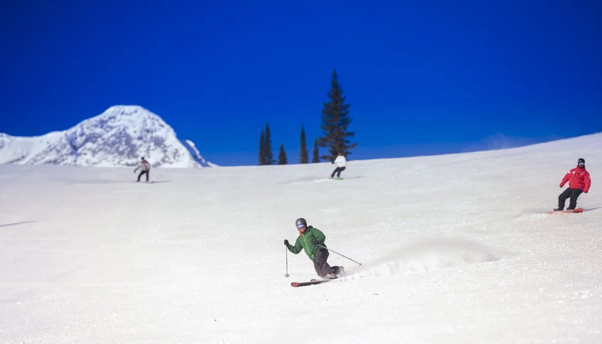 Skiers descending a sunny snowy slope with a mountain and trees in the background