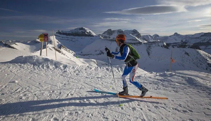 Skier in blue and green gear gliding downhill on a snowy mountain under a clear sky