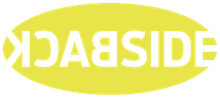 Yellow oval logo with mirrored white text reading BACKSIDE