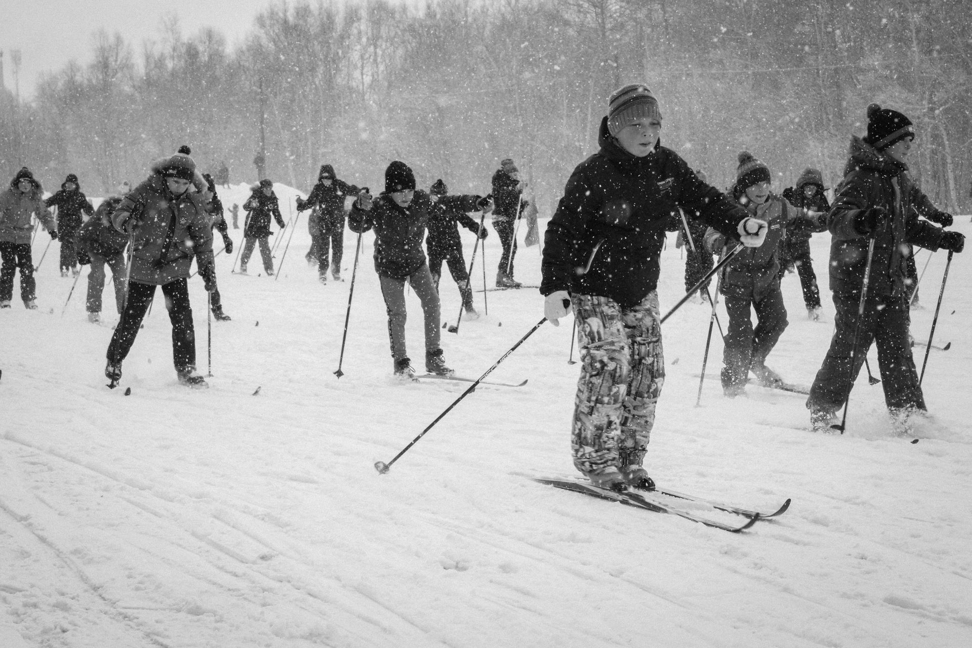 Skiers on a snowy trail in a winter forest, with one skier in the foreground using poles.