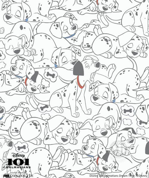 Dalmatian puppies in various poses; black spots on white fur, some with red collars.