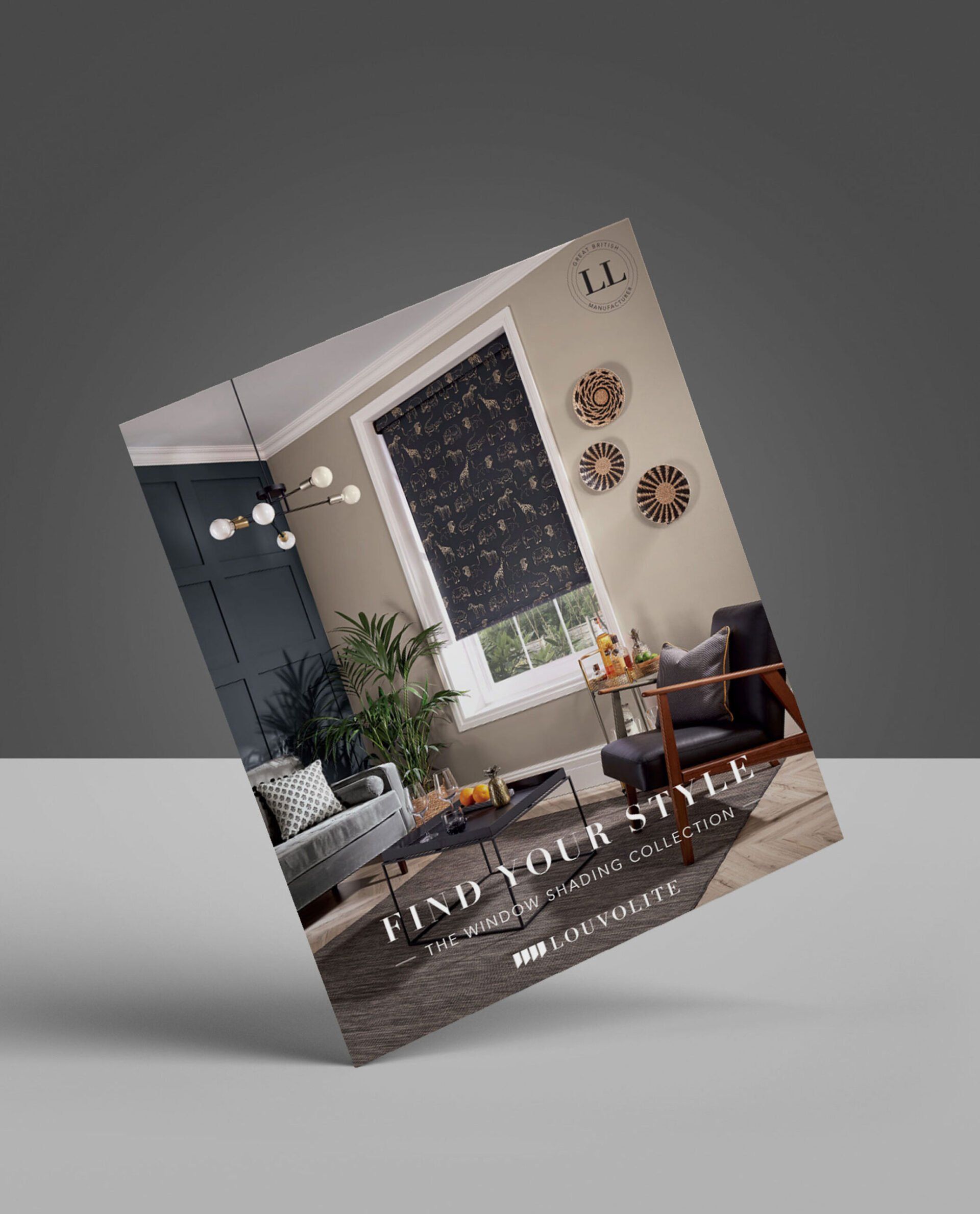 Brochure with a living room featuring a patterned window shade. 