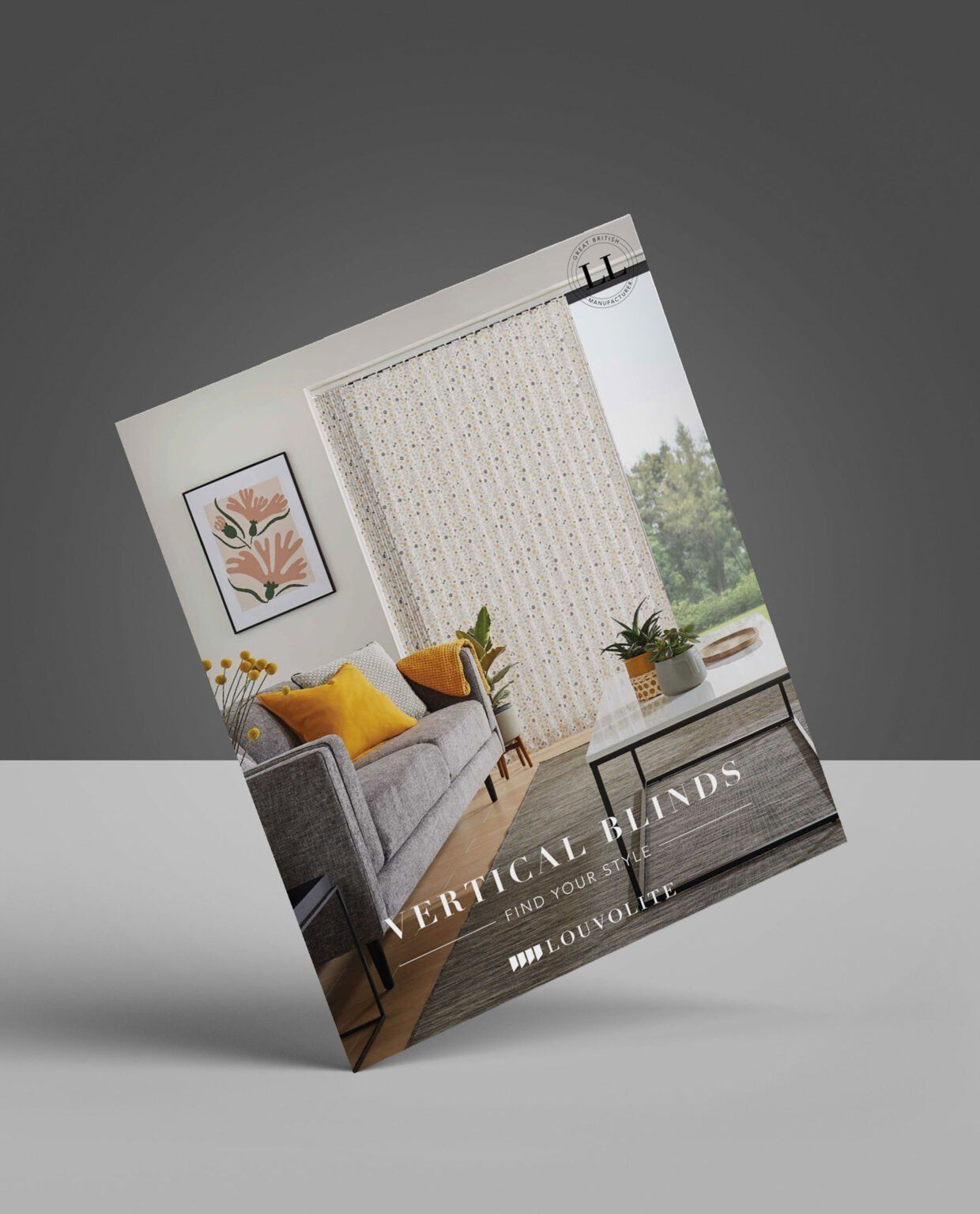 Brochure for vertical blinds. Shows living room with blinds, sofa, artwork, coffee table. Neutral colors.