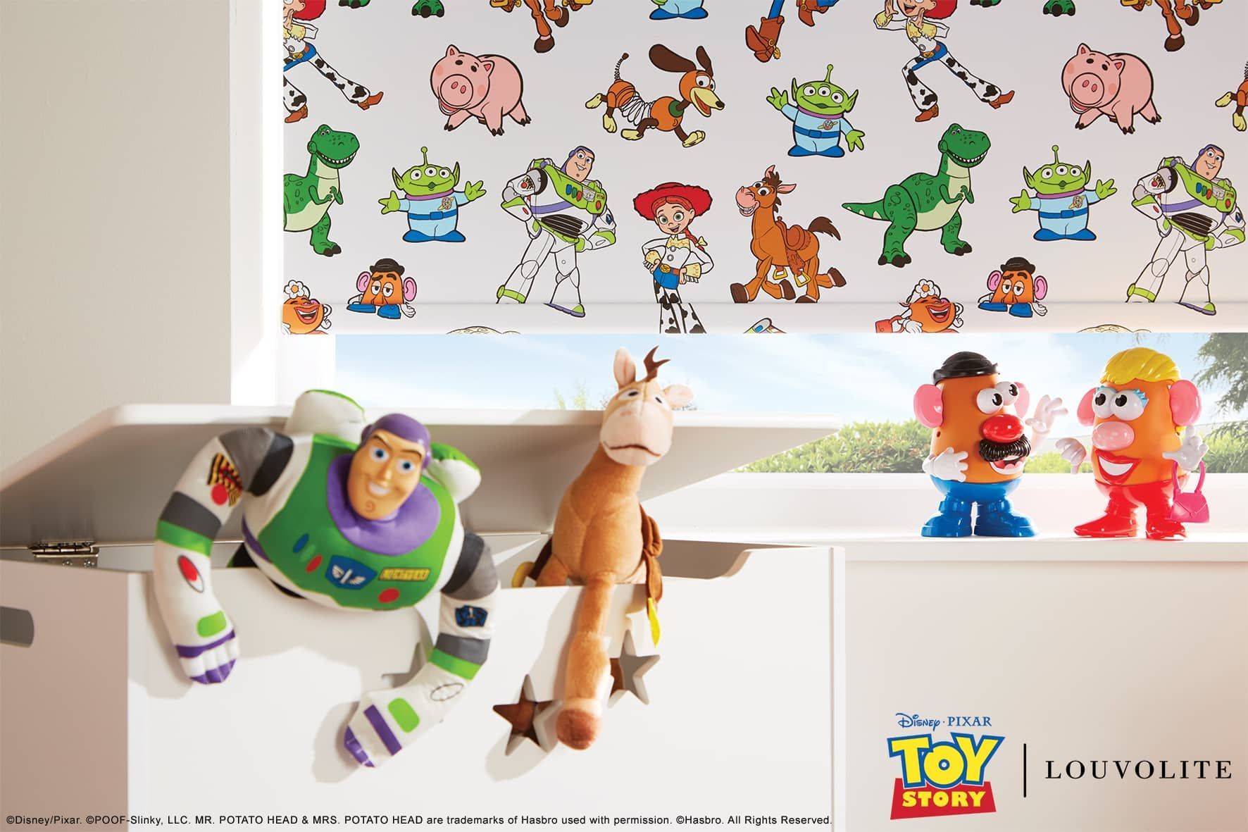 Toy Story-themed window with toys: Buzz Lightyear, giraffe, Mr. Potato Head. Blinds have cartoon characters.