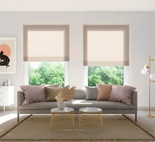Living room with sofa, two windows with blinds, and decorative coffee tables.