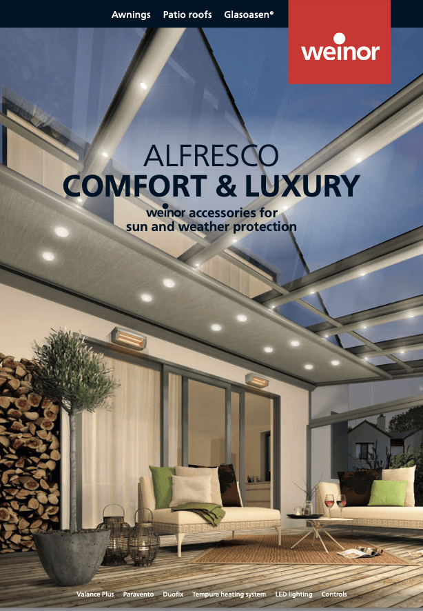 Cover of a brochure: Patio with glass roof and outdoor seating. 