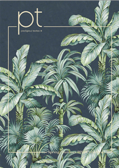 Dark blue background with a green tropical plant pattern. 