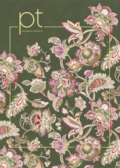 Green background with floral design in pink, peach, and cream. 
