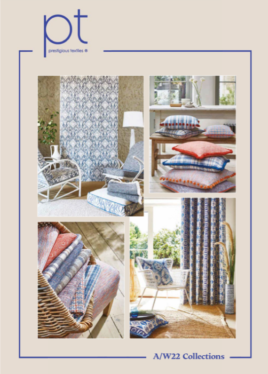 Cover of a fabric catalog featuring interior design scenes in blue, red, and neutral tones.
