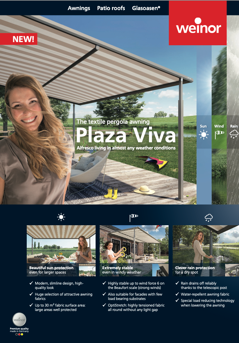Woman under striped awning smiling, promoting