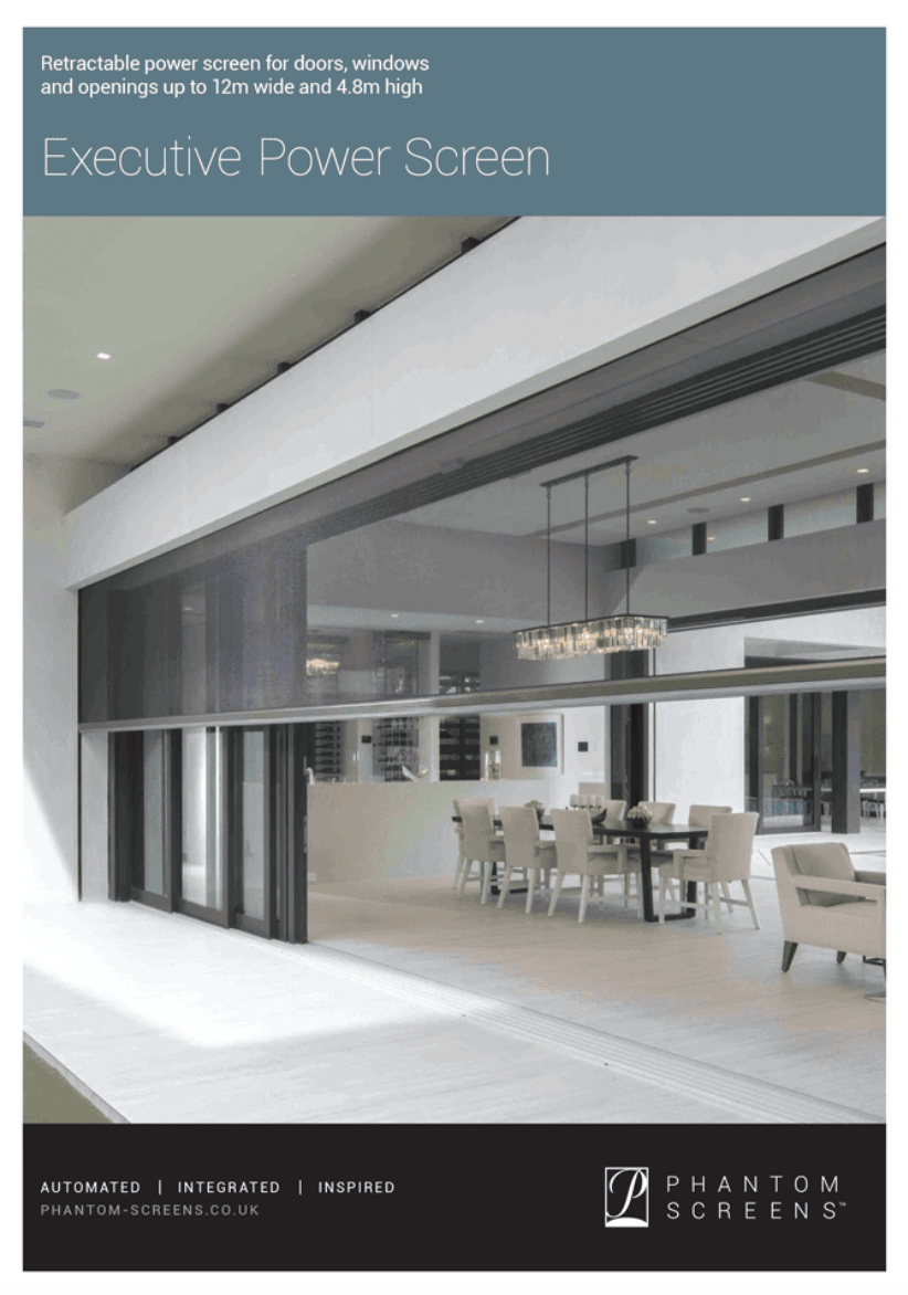 Brochure cover: Executive Power Screen, large open space with automated shades, modern home interior.