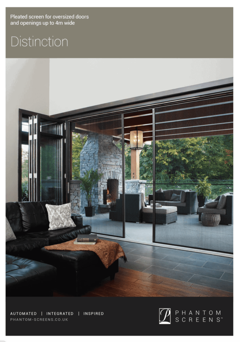 Brochure cover: Open glass doors reveal an outdoor living space. The interior shows a black leather couch