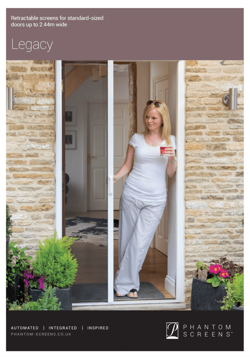 Woman in white pants and top in doorway with white framed retractable screen.