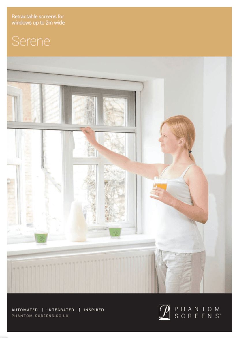Woman reaching towards window, holding a glass. Sorana brochure cover. White tank, gray pants, sunny room.