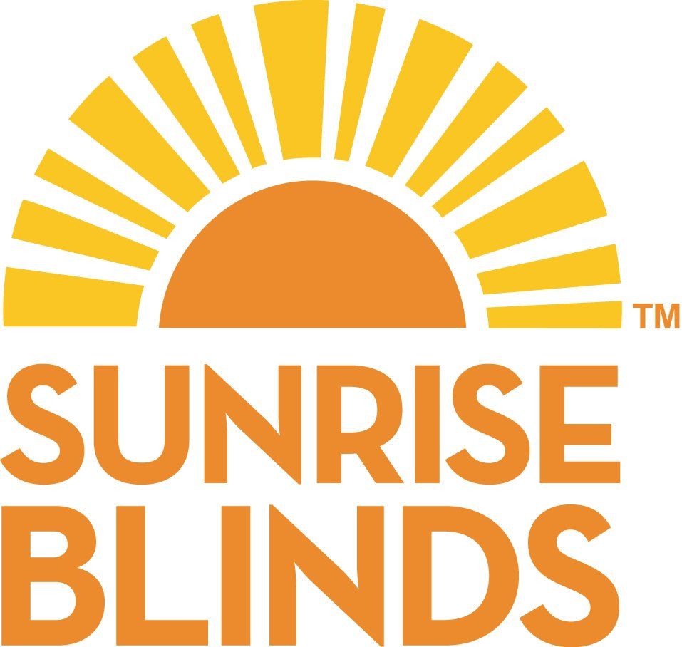 Logo for Sunrise Blinds: orange sun with rays, orange text 