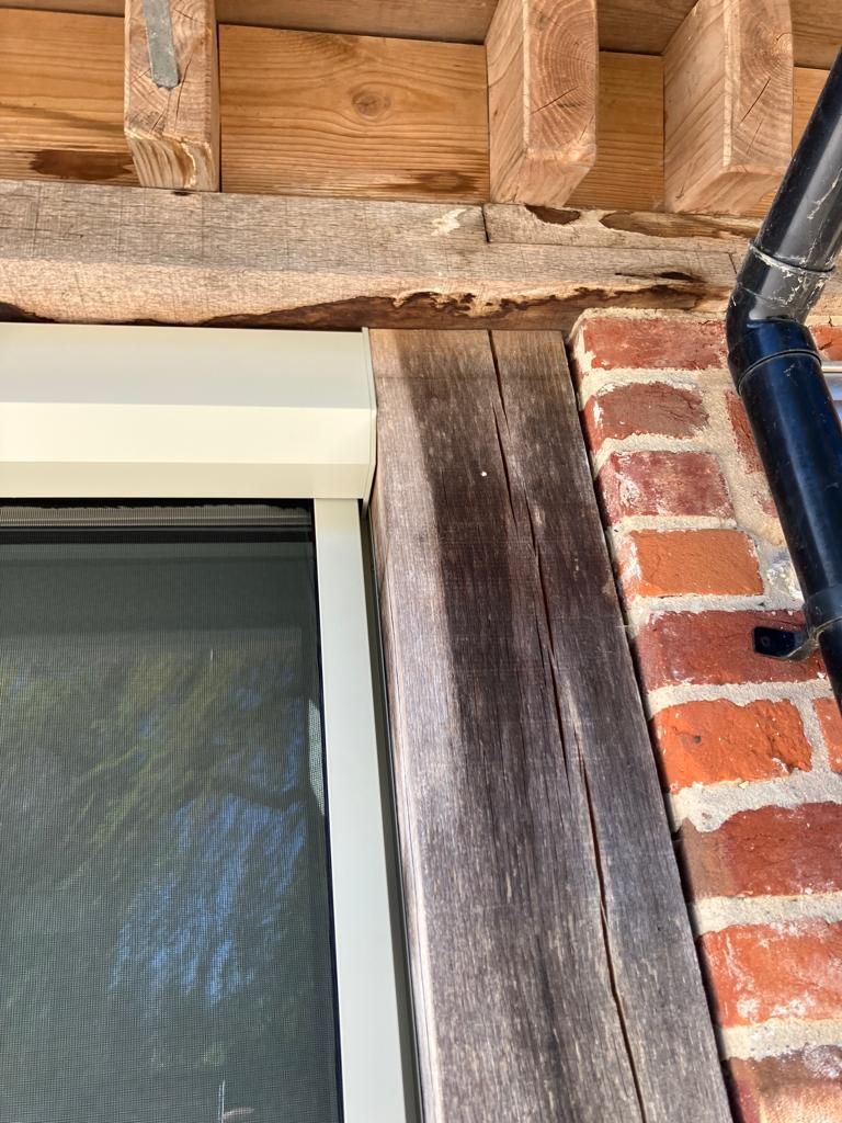 Exterior view of a window with a brick wall and a wooden frame. Black rain gutter is visible.