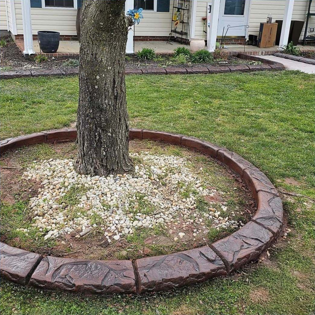 A tree with a decorative, circular concrete border containing white stones, set in a residential lawn.