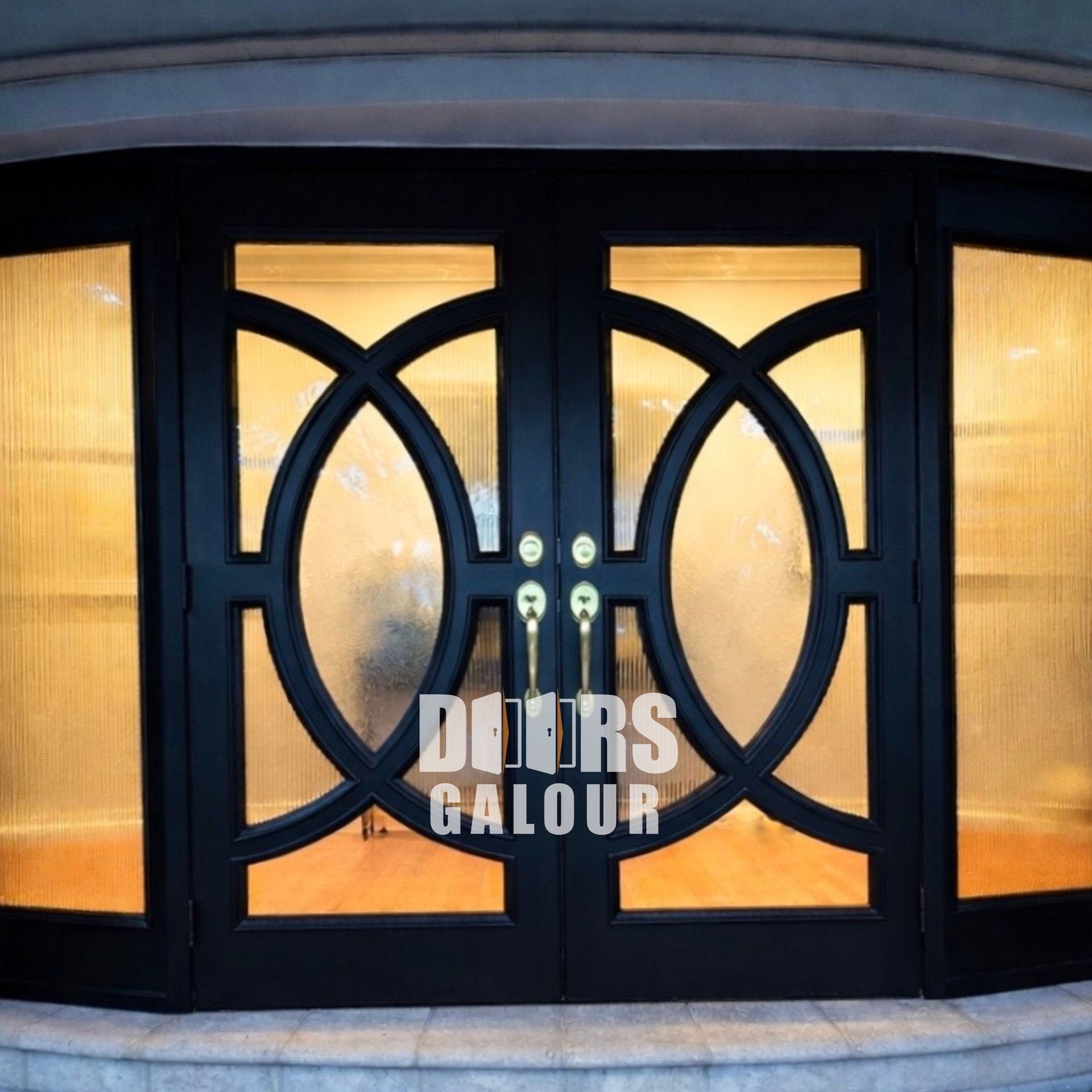 Double wooden doors with arched glass panels and black decorative ironwork.