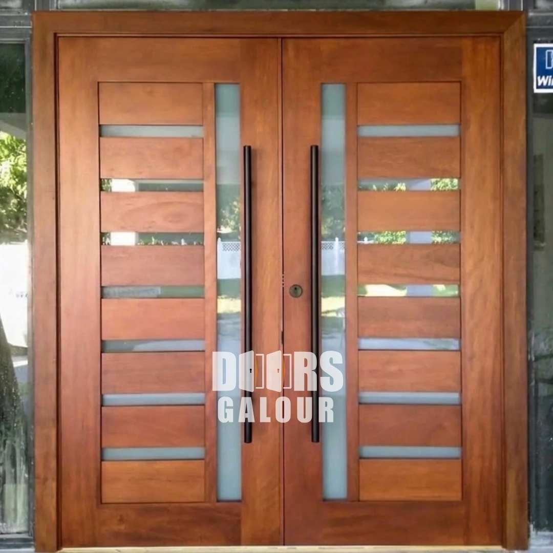 Wooden double front door with frosted glass side panels and horizontal metal accents