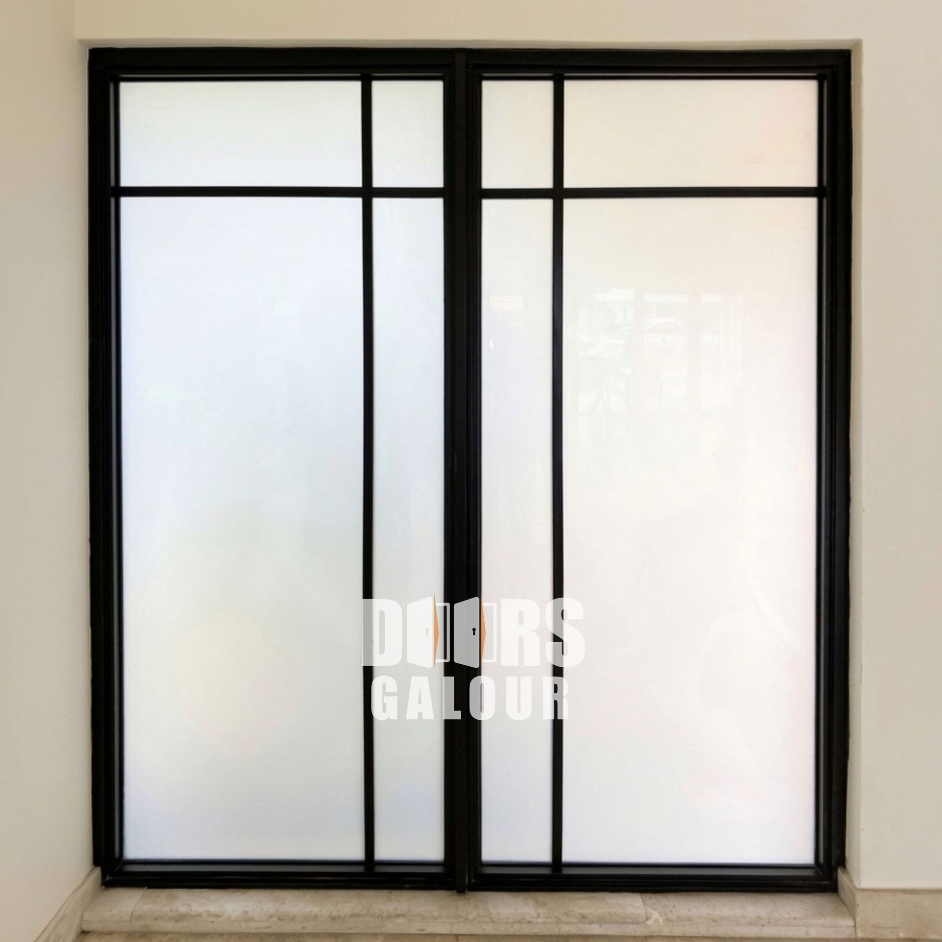 Newly installed window in a concrete wall, with unfinished stucco surrounding it.