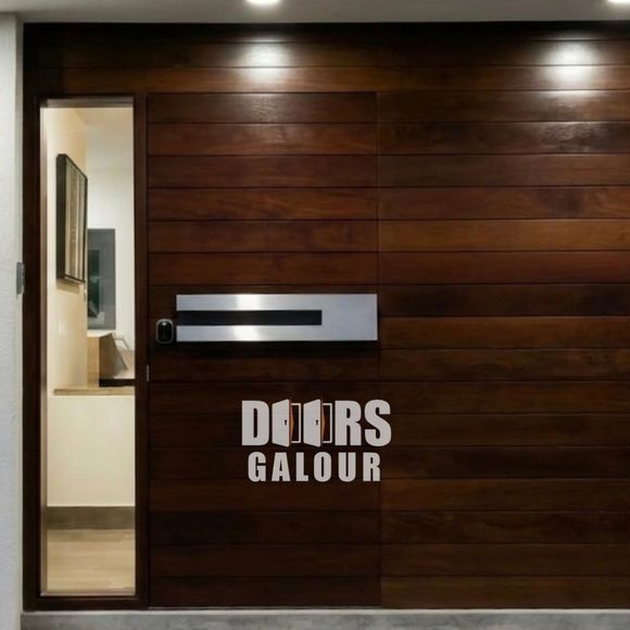 Double arched wooden doors with glass panels and a pendant light.