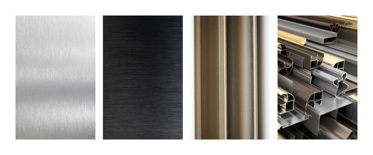 Assorted metal finishes and stacked steel sheets and pipes in silver, black, beige, and gray.