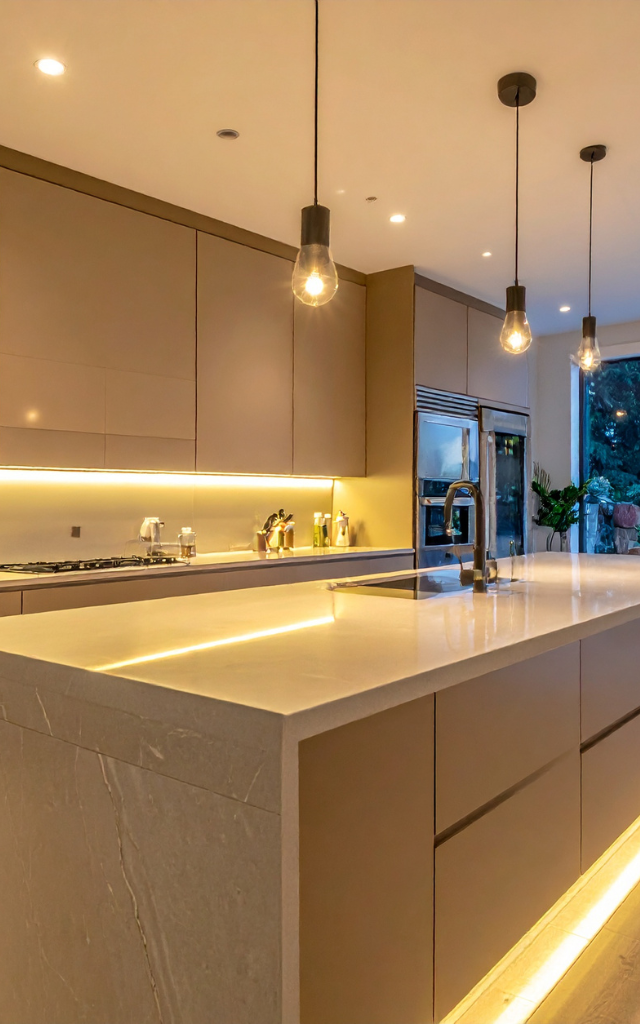 Modern open-plan kitchen and dining area with water view; white and neutral tones.